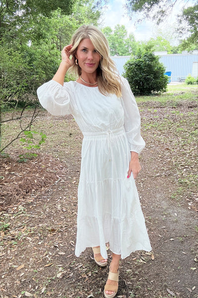 White Ruffle Open Back Maxi Dress