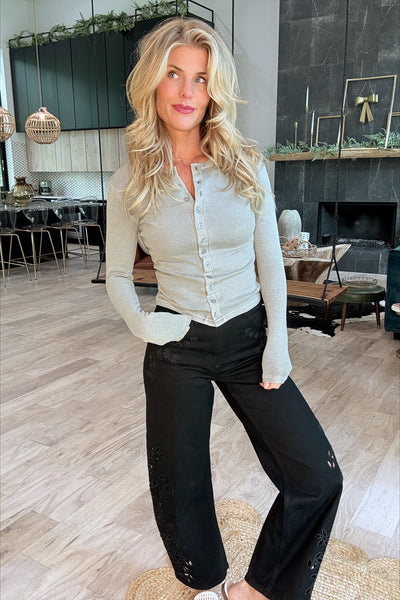 Gray Button Front Ribbed Knit Top