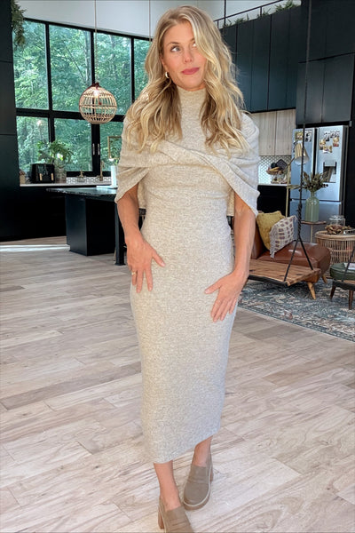 Sand Brushed Mock Neck Shall Midi Sweater Dress