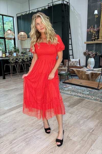 Red Polka Top Tulle Tiered Midi Dress