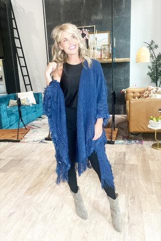 Navy Fringe Poncho