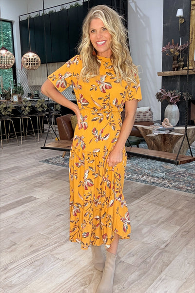 Mustard Floral Tiered Dress