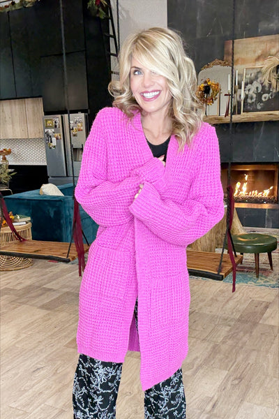 Pink Oversized Waffle Cardigan