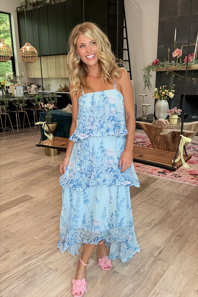 Blue Floral Ruffle Tiered Maxi Dress