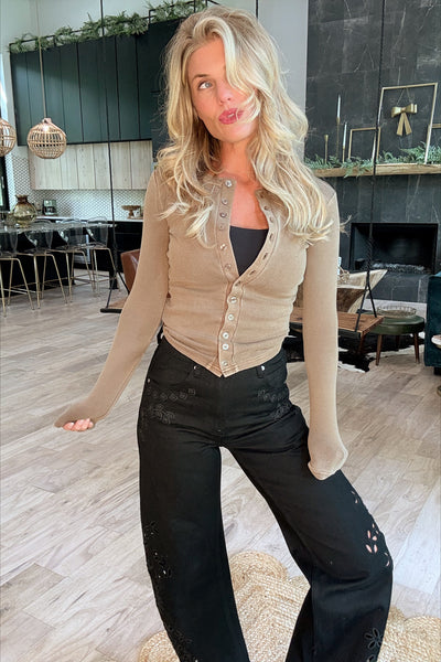 Mocha Button Front Ribbed Knit Top