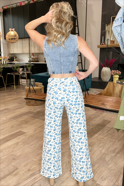 Blue Floral Print Wide Leg Jeans