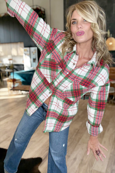 Christmas Plaid Button Shacket