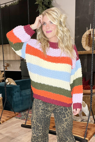 Colorful Stripe Color Block Chunky Knit Sweater