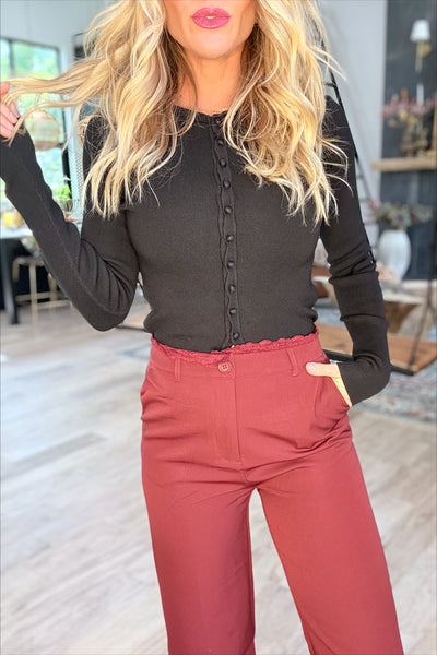 Black Ribbed Knit Button Front Scalloped Detail