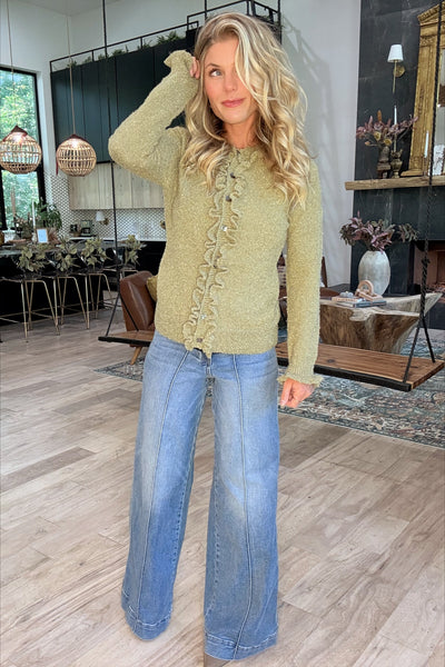 Dusty Sage Ruffle Trim Button Front Cardigan