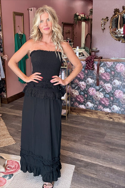 Black Ruffled Smocked Low Waist Maxi Dress