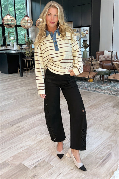 Denim Collar Striped Long Sleeve Sweater