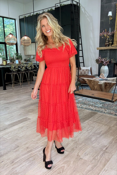 Red Polka Top Tulle Tiered Midi Dress