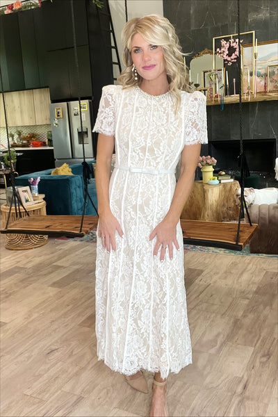 White Lace Embellished Midi Dress