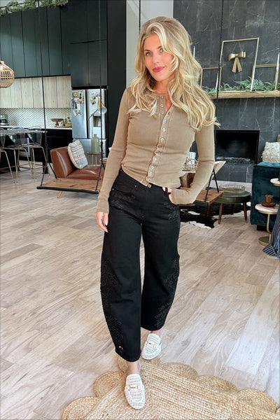 Mocha Button Front Ribbed Knit Top