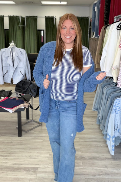 Dusty Blue Open Front Popcorn Cardigan