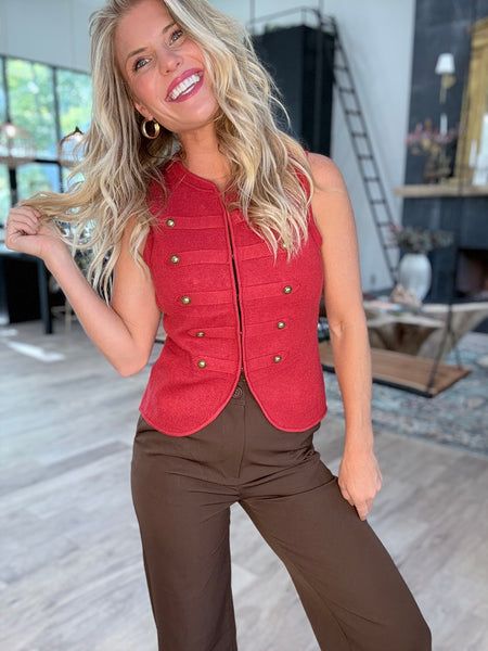 Red Military Style Knit Vest