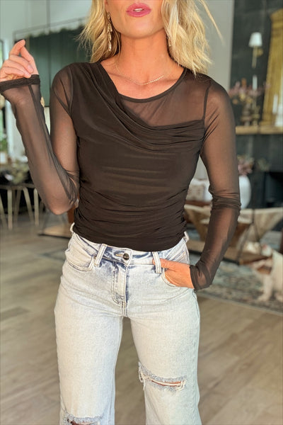 Black Asymmetrical Cowl Neck Sheer Sleeve Top