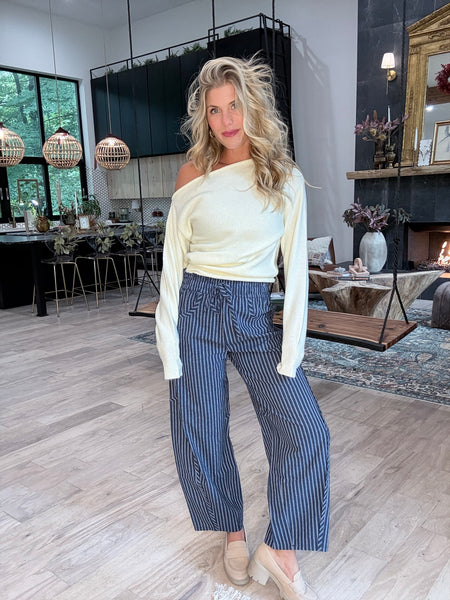 Pinstripe Dark Wash Denim Drawstring Pants