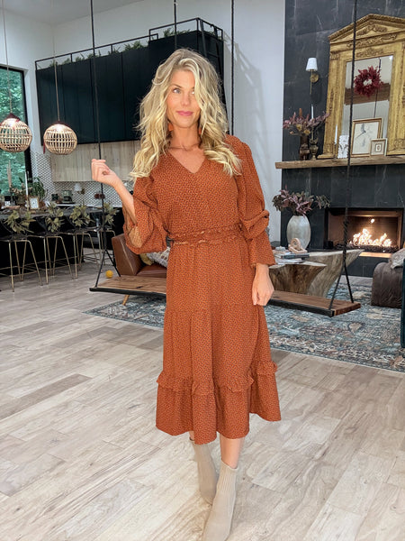 Rust Printed Tiered Dress