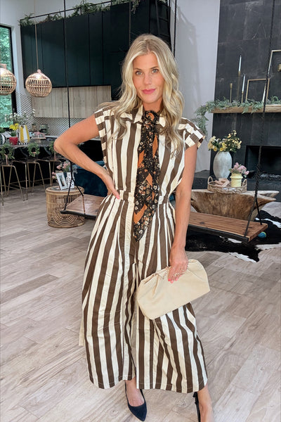Brown & Cream Striped Wide Leg Jumpsuit