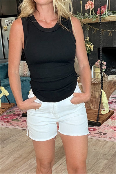 Black Raw Hem Ribbed Knit Tank Top
