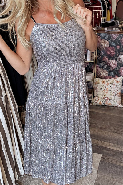 Silver Stretch Sequins Tiered Dress