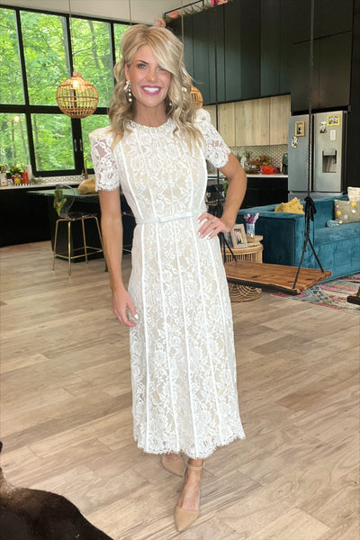 White Lace Embellished Midi Dress