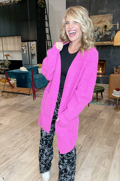 Pink Oversized Waffle Cardigan