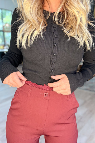 Burgundy Straight Leg Lace Trim Pants