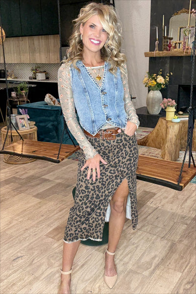 (Pre-Order)Animal Print Denim Stretch Skirt