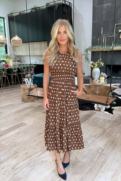 Brown & White Polka Dot Midi Dress
