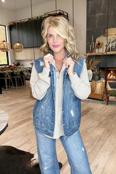 Dark Wash Distressed Button Front Vest