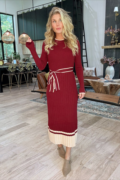 Burgundy Ribbed Knit Midi Dress