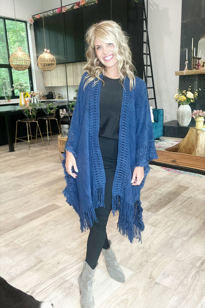 Navy Fringe Poncho