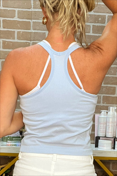 Blue Ribbed Racerback Tank Bra