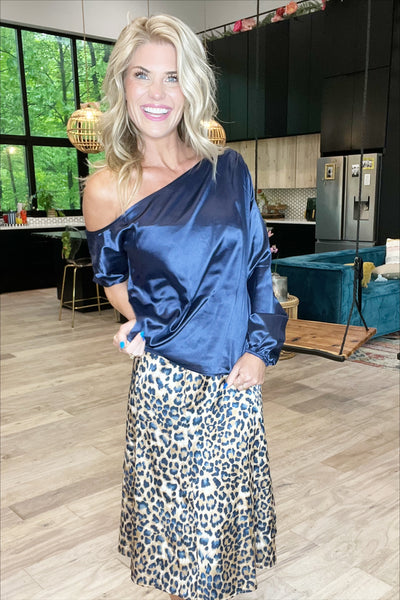 Navy Satin Asymmetrical Blouse