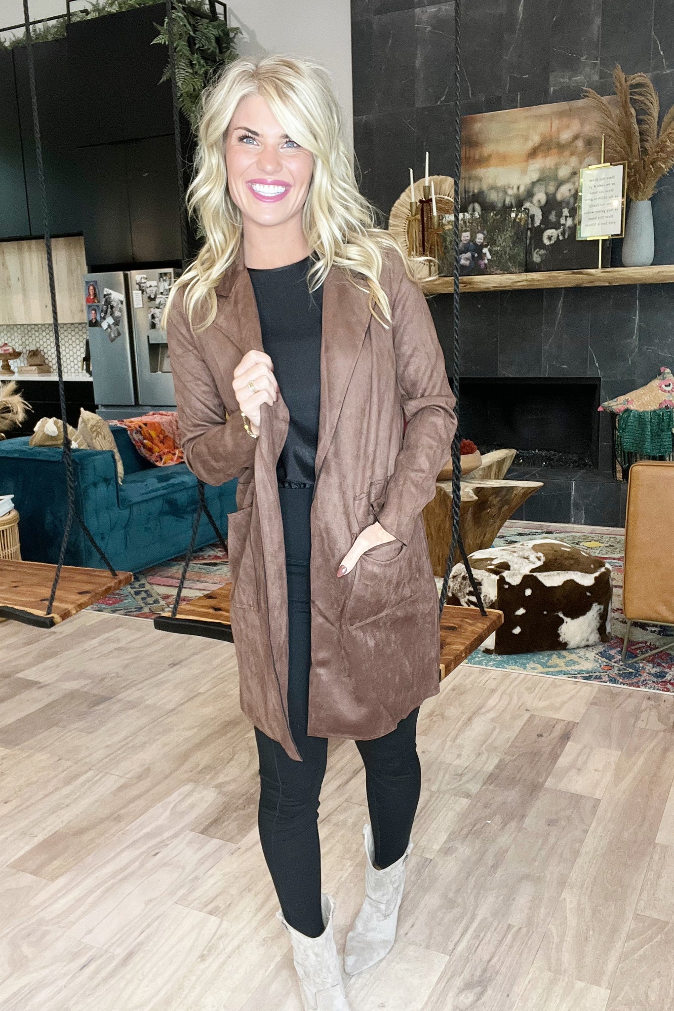 Chocolate Brown Faux Suede Long Jacket