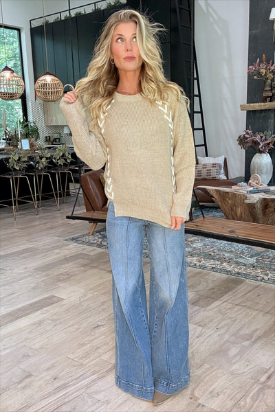 Taupe & Ivory Stitched Knit Sweater