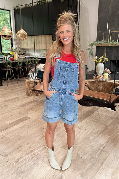 Medium Wash Denim Bermuda Shorts Overalls
