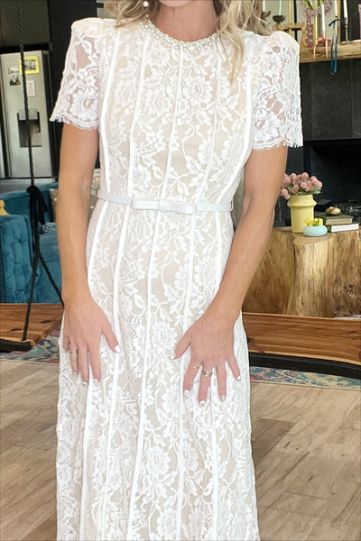 White Lace Embellished Midi Dress
