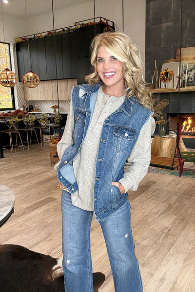 Dark Wash Distressed Button Front Vest