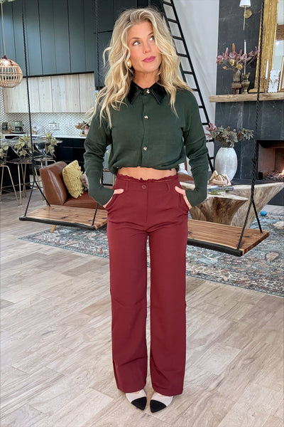 Burgundy Straight Leg Lace Trim Pants