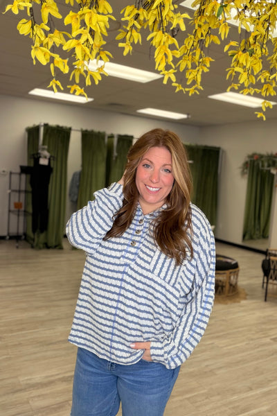 Blue Striped Quarter Button Top