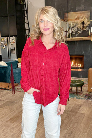 Red Crinkle Button Front Top Set (Top Only)