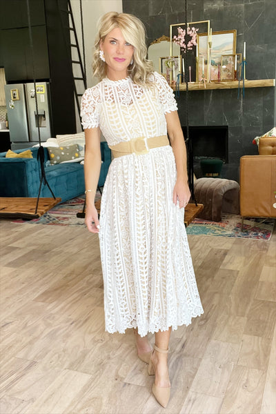 White Floral Lace Midi Dress
