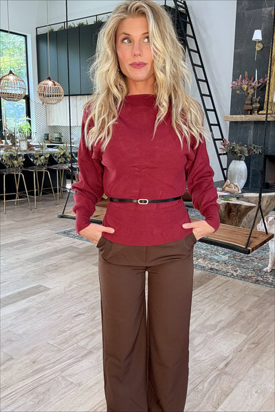 Burgundy Boatneck Belted Sweater