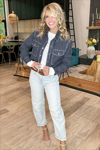 Dark Wash Striped Denim Jacket