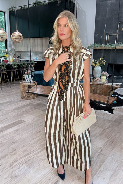 Brown & Cream Striped Wide Leg Jumpsuit