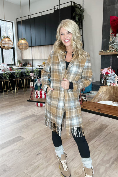 Camel Plaid Fringe Open Front Jacket